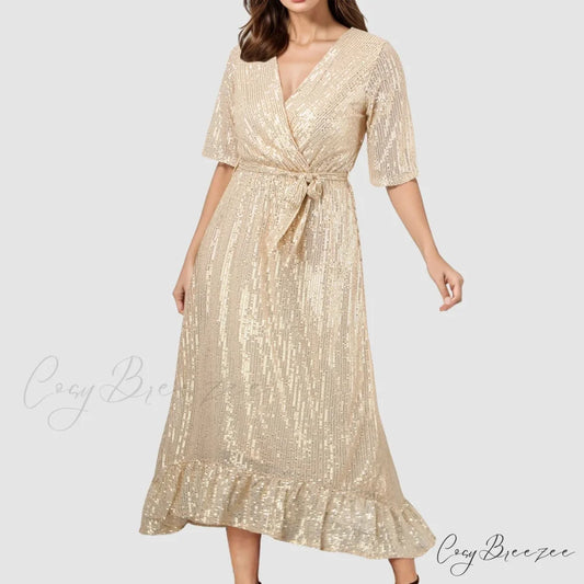 Velvet Elegant V-Neck Slimming Pleated Long Sleeve Wedding Dress Gold / S