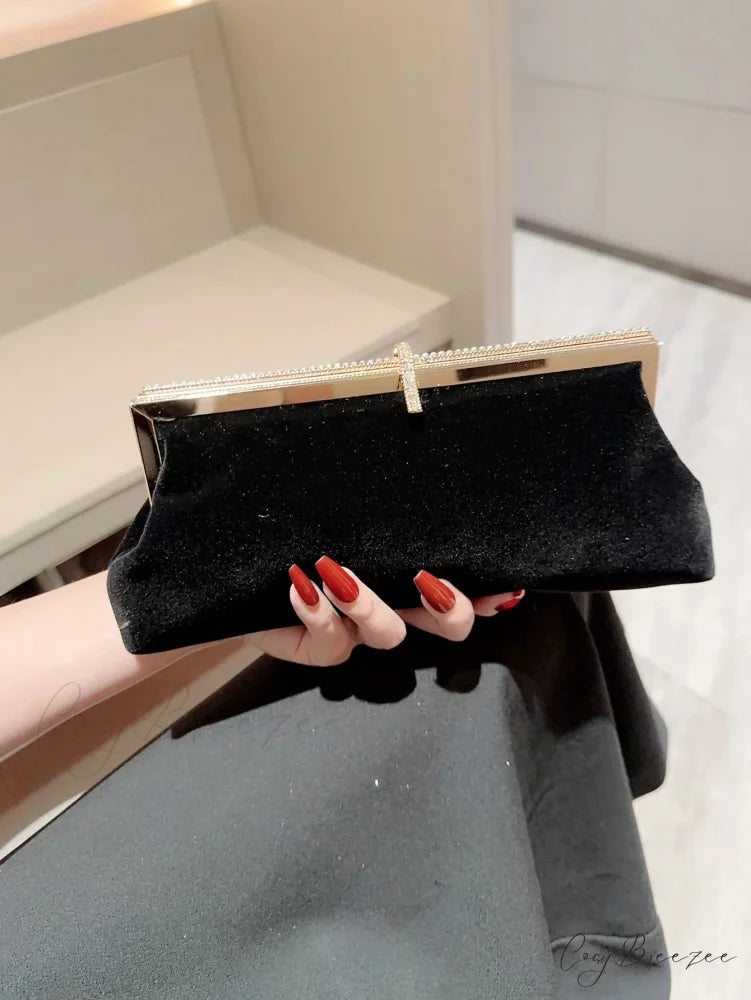 Velvet Fish Hook Rhinestone Decorated Evening Clutch Party Wedding Bag Black / (20cm clutchbag-250126