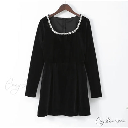 Velvet High Waist A-Line Party Dress Black styleB / S