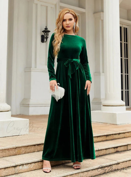 VELVET LONG SLEEVE DRESS - SOLID COLOR S / green