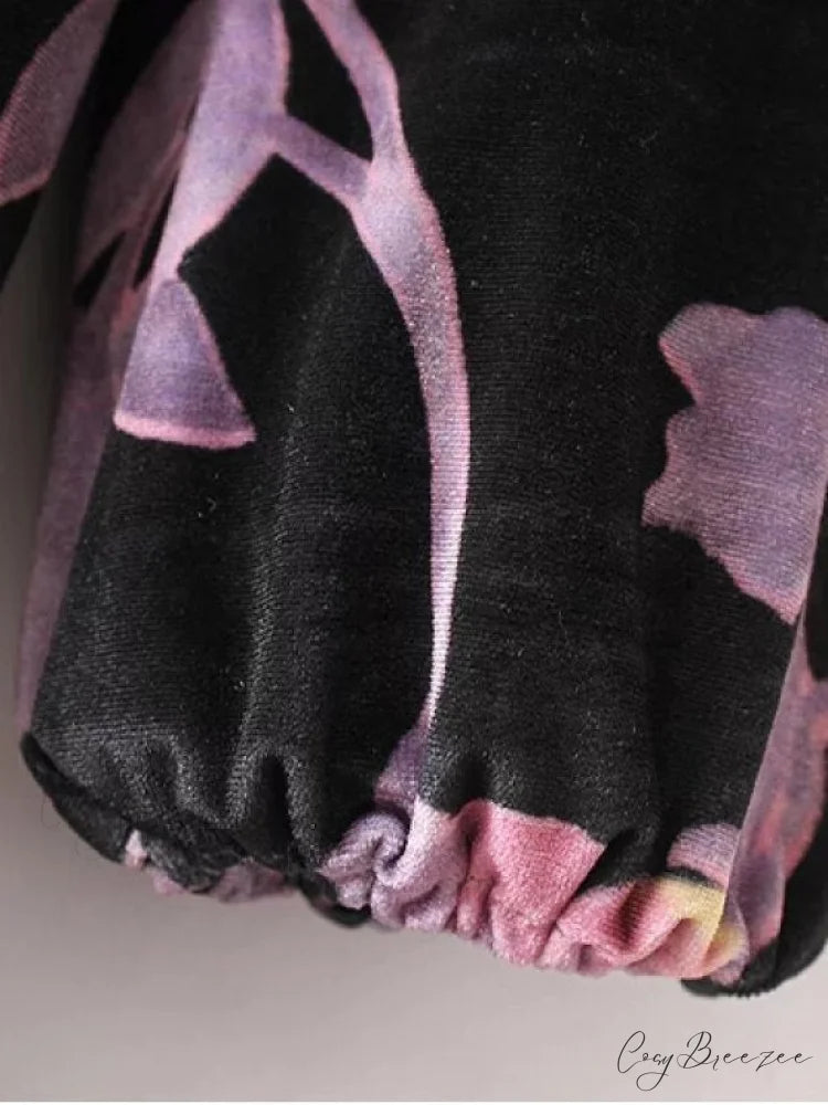 Velvet Long Sleeve Floral Shift Dress