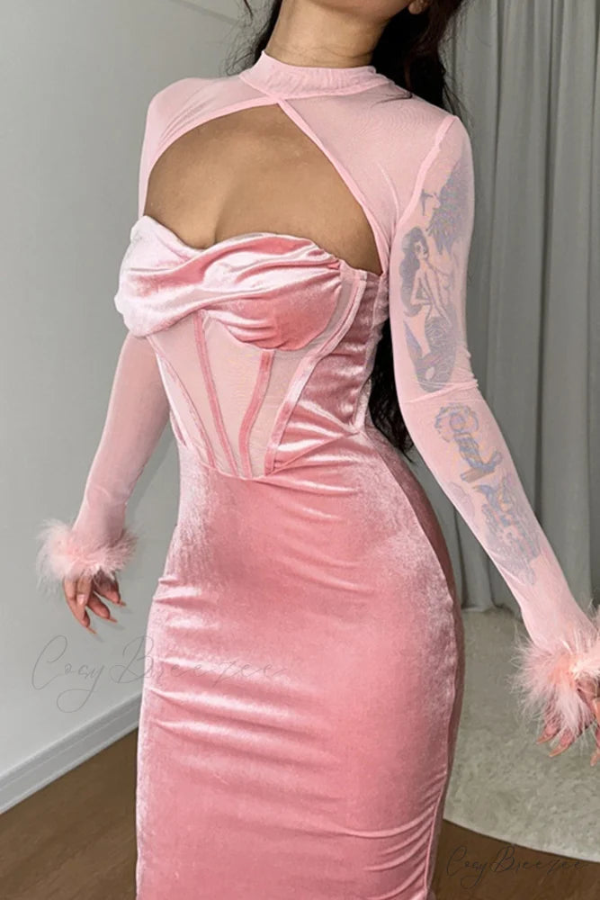 Velvet Mesh Patchwork Dress with Low Cut Pink / L
