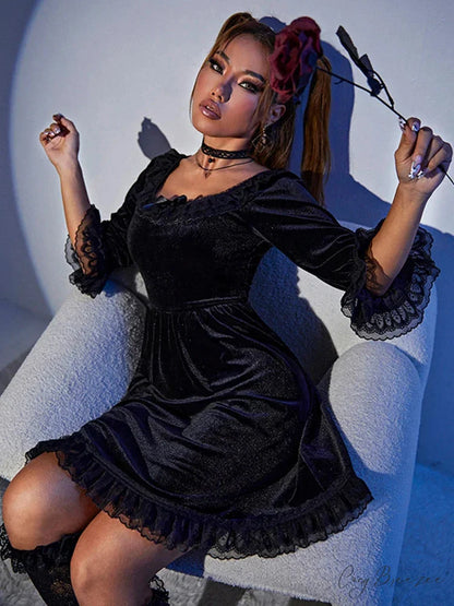 Velvet O-Neck Lace Harajuku Half Lantern Sleeve Lolita A-Line Vintage Party Dress