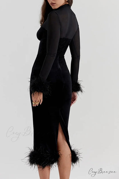 Velvet Patchwork Fuzzy Hem Slit Dress Black / XL