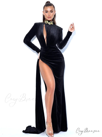 Velvet Pleated Slit Elegant Party Dresses