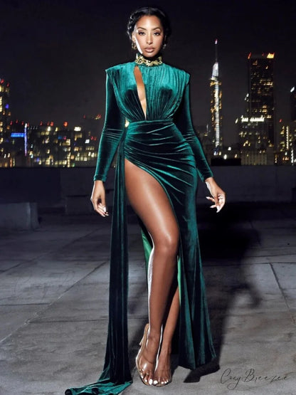Velvet Pleated Slit Elegant Party Dresses Green / S