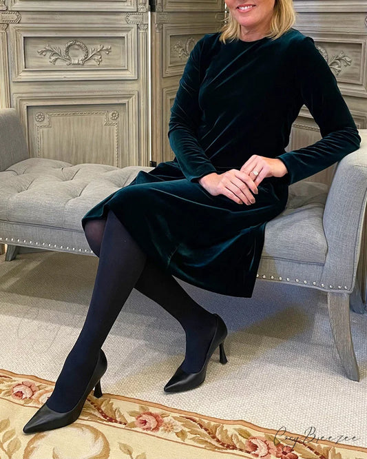 Velvet Round Neck Dress Dark Green / S