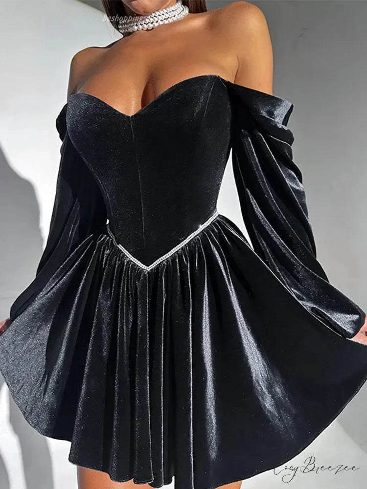 Velvet Strapless Off Shoulder Party Dress Black / S