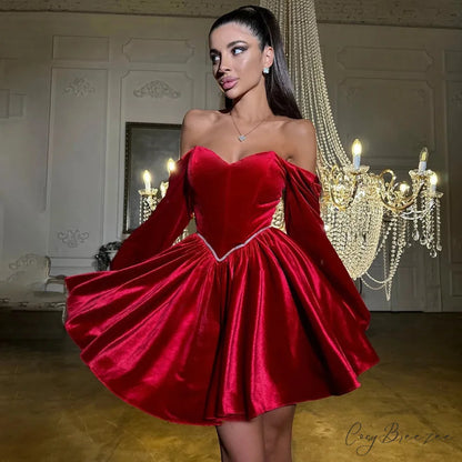 Velvet Strapless Off Shoulder Party Dress Red / S