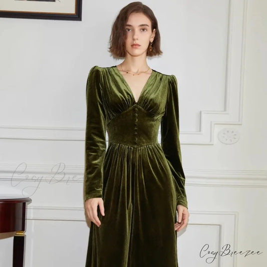 Velvet V-Neck Dress Autumn/Winter High End French Vintage Slim Fit Christmas Party Dress army green / S