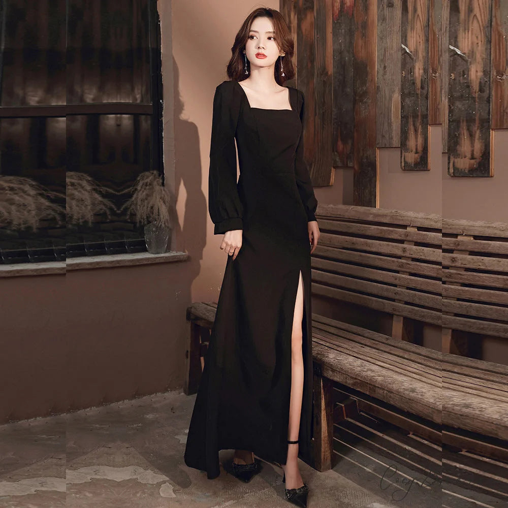 Veronica Front Slit Charming Crepe Formal Dress BLACK / XS