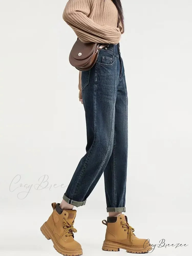 Versatile Light Color Thickened New Long Straight Art Natural Waist Fashion Jean deep blue / S