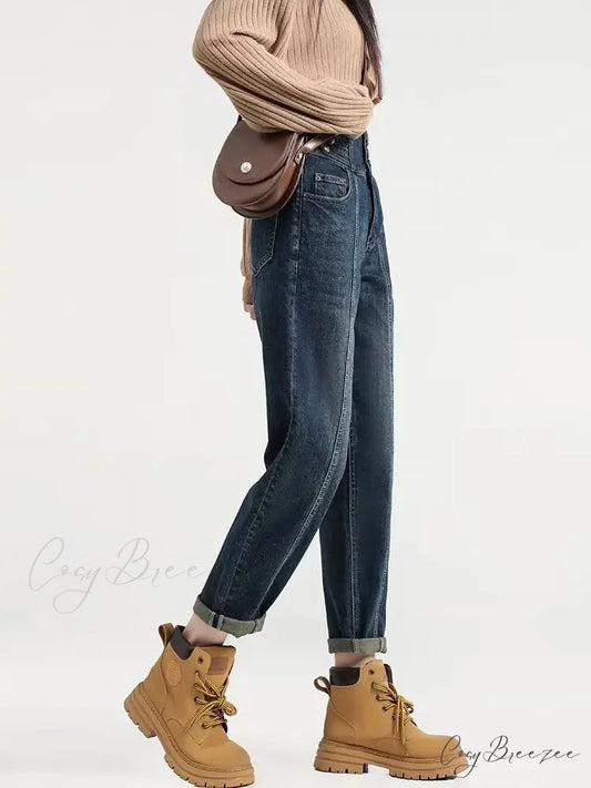 Versatile Light Color Thickened New Long Straight Art Natural Waist Fashion Jean deep blue / S