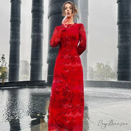 Versatile Limited Printed Screen Dress Women’s Fashion Style Year Loong Christmas Party Dress