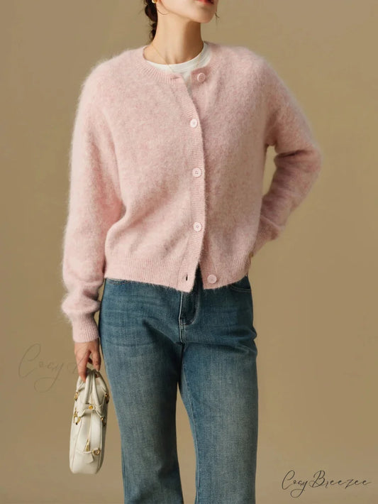 Versatile Round Neck Winter Knitted Cardigan for Women Pink / M cardiagn-250126