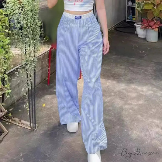 Vertical Stripes High Waist Trousers Pants Blue / S pants-241228