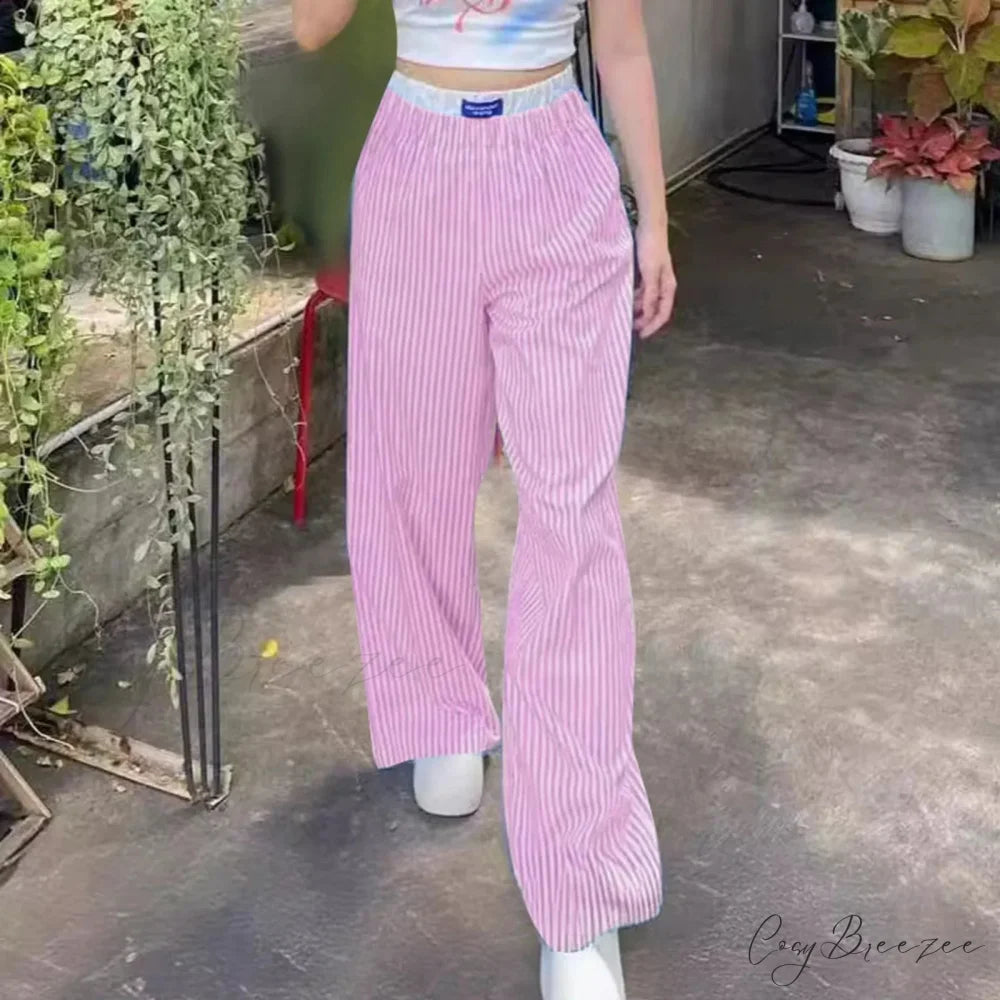 Vertical Stripes High Waist Trousers Pants Red / S pants-241228