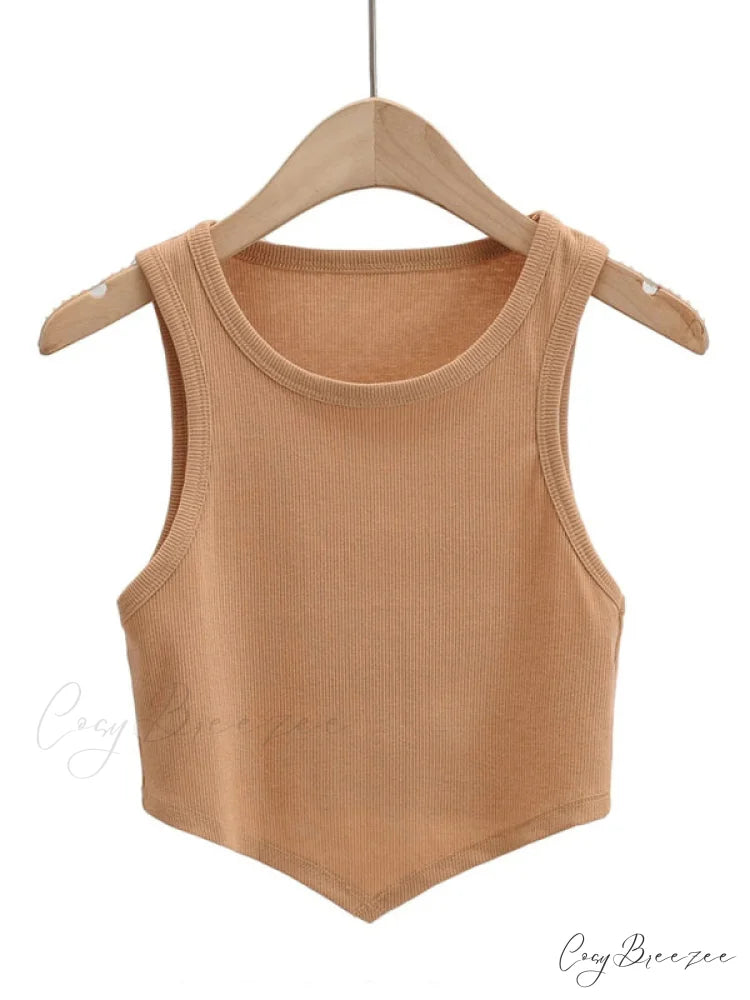 vest round inverted mini triangle Women’s sleeveless neck top Khaki / S