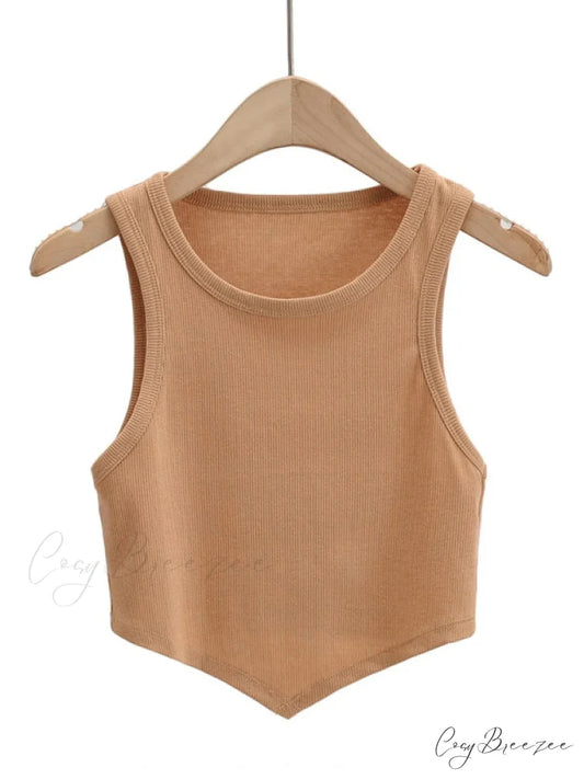 vest round inverted mini triangle Women’s sleeveless neck top Khaki / S