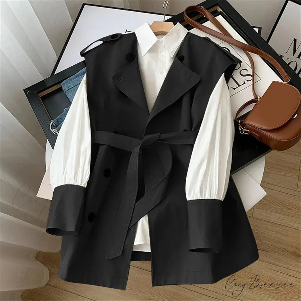 Vest White Blouse + Coat Tie Women’s Trench Waist Suit Black 2pcs set / L