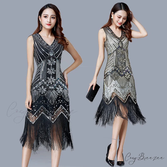 Vestidos V-Neck Flapper Great Party Gown 1920s Gatsby Beaded Sleeveless Tassel Sequin Vintage Feminina