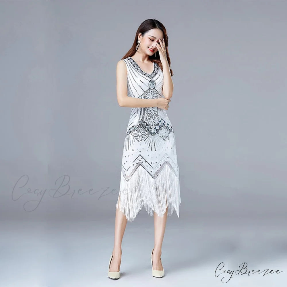 Vestidos V-Neck Flapper Great Party Gown 1920s Gatsby Beaded Sleeveless Tassel Sequin Vintage Feminina