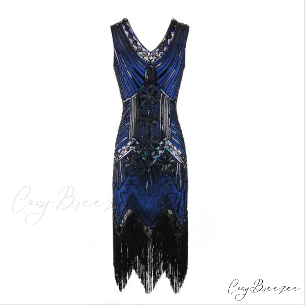 Vestidos V-Neck Flapper Great Party Gown 1920s Gatsby Beaded Sleeveless Tassel Sequin Vintage Feminina Black and Blue