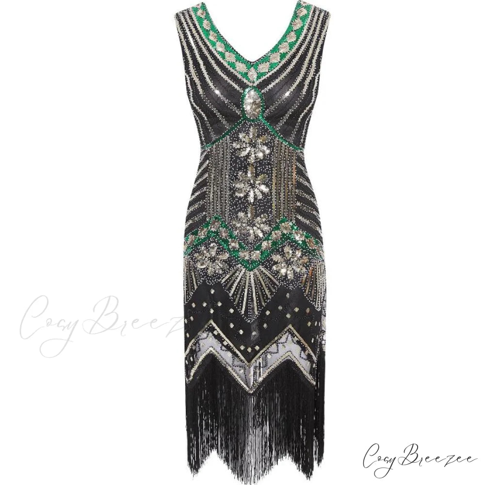Vestidos V-Neck Flapper Great Party Gown 1920s Gatsby Beaded Sleeveless Tassel Sequin Vintage Feminina Black and Green