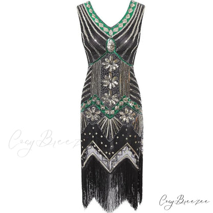 Vestidos V-Neck Flapper Great Party Gown 1920s Gatsby Beaded Sleeveless Tassel Sequin Vintage Feminina Black and Green