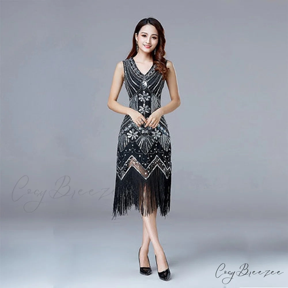 Vestidos V-Neck Flapper Great Party Gown 1920s Gatsby Beaded Sleeveless Tassel Sequin Vintage Feminina Black and silver
