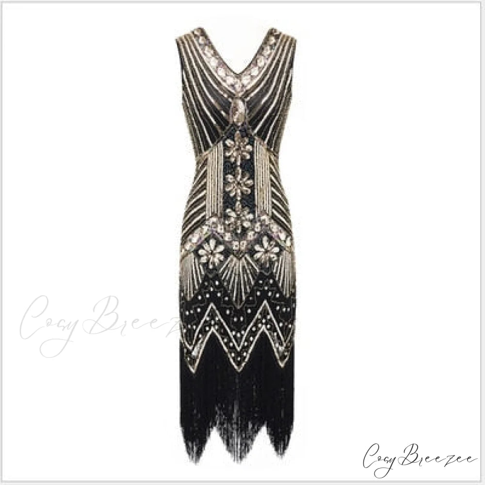 Vestidos V-Neck Flapper Great Party Gown 1920s Gatsby Beaded Sleeveless Tassel Sequin Vintage Feminina Black gold / S
