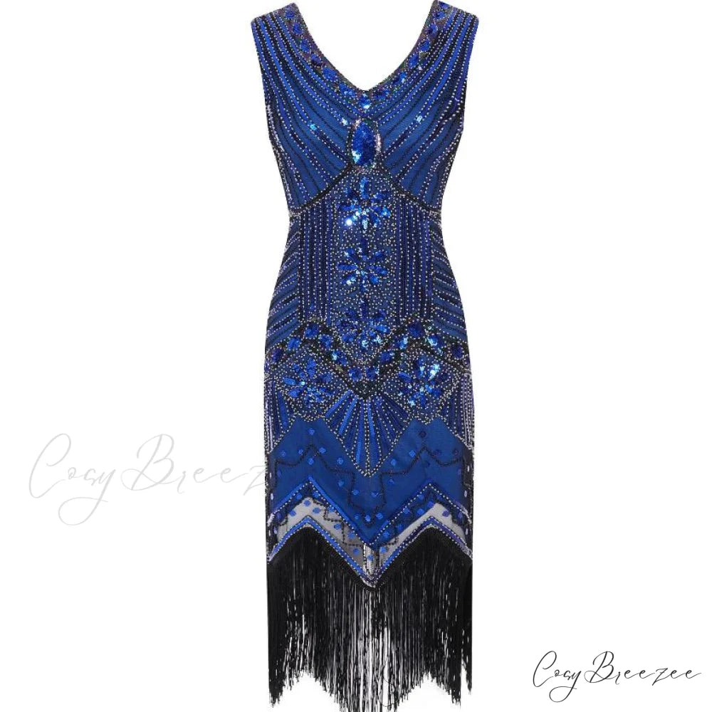 Vestidos V-Neck Flapper Great Party Gown 1920s Gatsby Beaded Sleeveless Tassel Sequin Vintage Feminina Blue / S