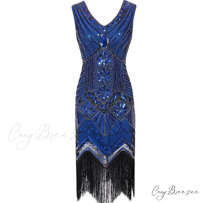 Vestidos V-Neck Flapper Great Party Gown 1920s Gatsby Beaded Sleeveless Tassel Sequin Vintage Feminina Blue / S