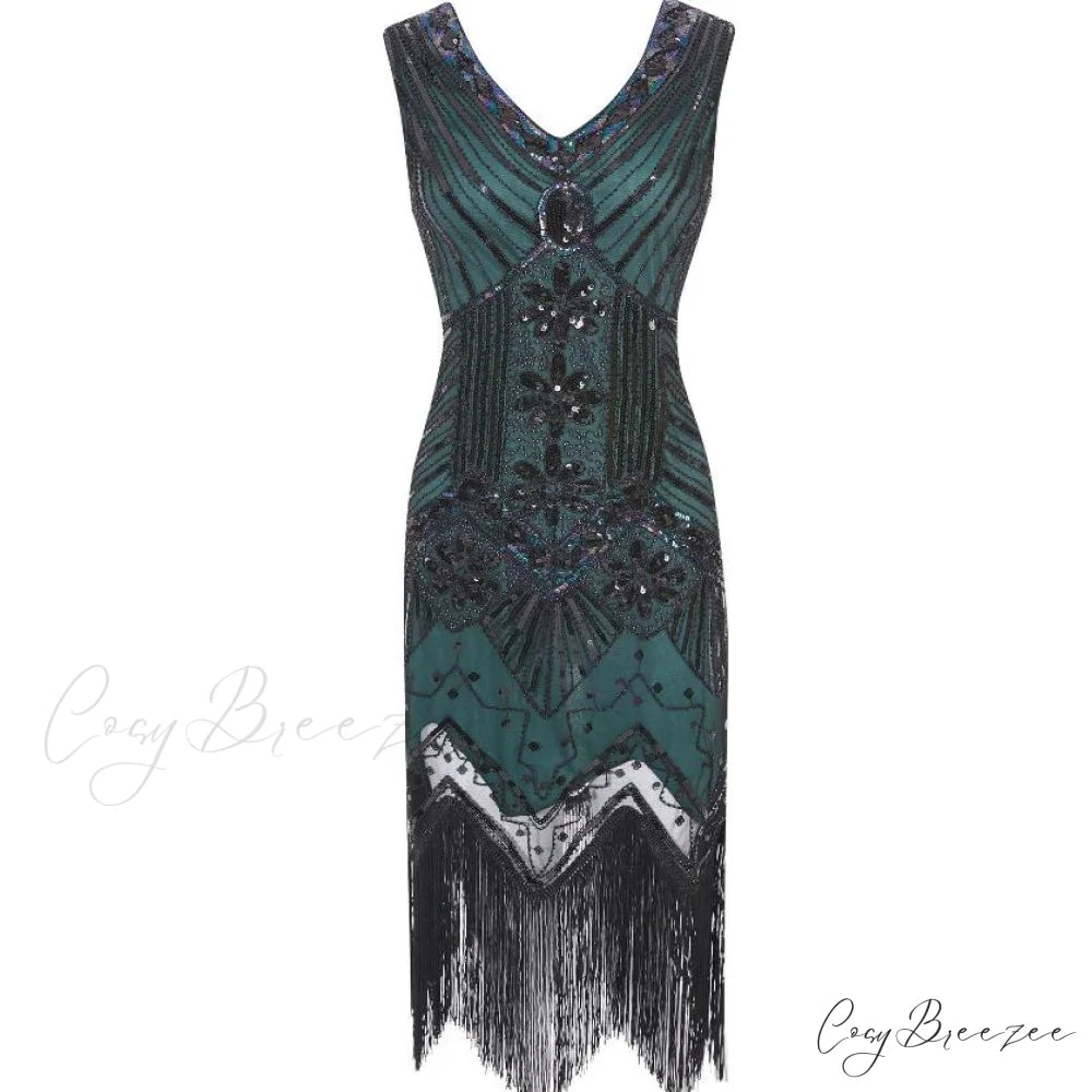 Vestidos V-Neck Flapper Great Party Gown 1920s Gatsby Beaded Sleeveless Tassel Sequin Vintage Feminina Green / S