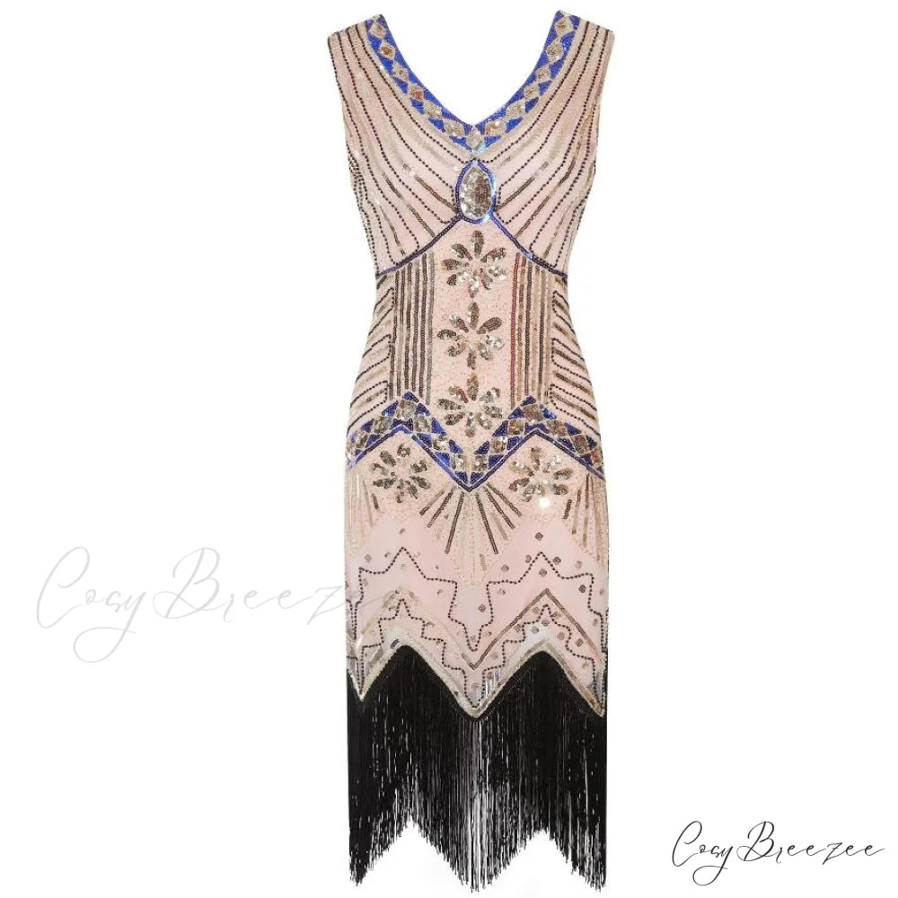 Vestidos V-Neck Flapper Great Party Gown 1920s Gatsby Beaded Sleeveless Tassel Sequin Vintage Feminina Pink / S