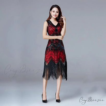 Vestidos V-Neck Flapper Great Party Gown 1920s Gatsby Beaded Sleeveless Tassel Sequin Vintage Feminina Red / S