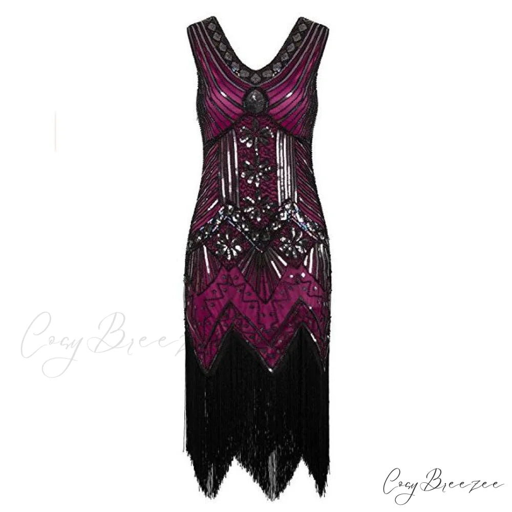 Vestidos V-Neck Flapper Great Party Gown 1920s Gatsby Beaded Sleeveless Tassel Sequin Vintage Feminina Rose / S