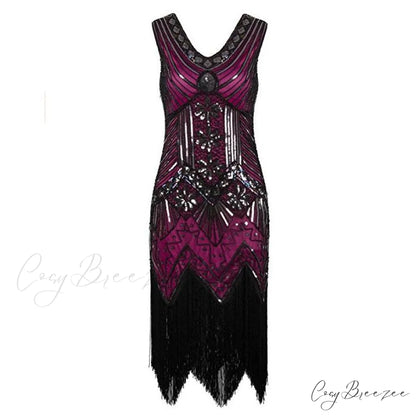 Vestidos V-Neck Flapper Great Party Gown 1920s Gatsby Beaded Sleeveless Tassel Sequin Vintage Feminina Rose / S