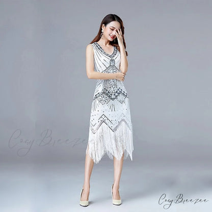 Vestidos V-Neck Flapper Great Party Gown 1920s Gatsby Beaded Sleeveless Tassel Sequin Vintage Feminina White / S
