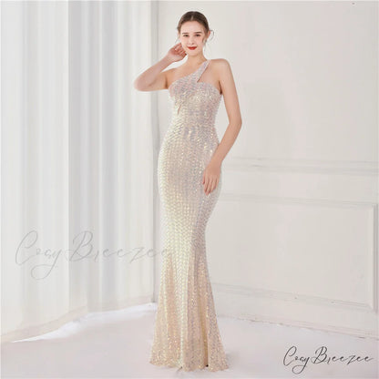 Victoria Formal One-Shoulder Charming Sequined Fishtail Dress APRICOT / XS