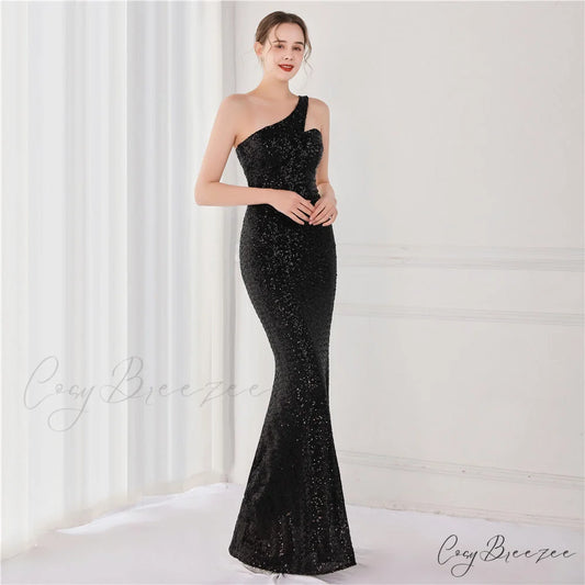 Victoria Formal One-Shoulder Charming Sequined Fishtail Dress BLACK / XS