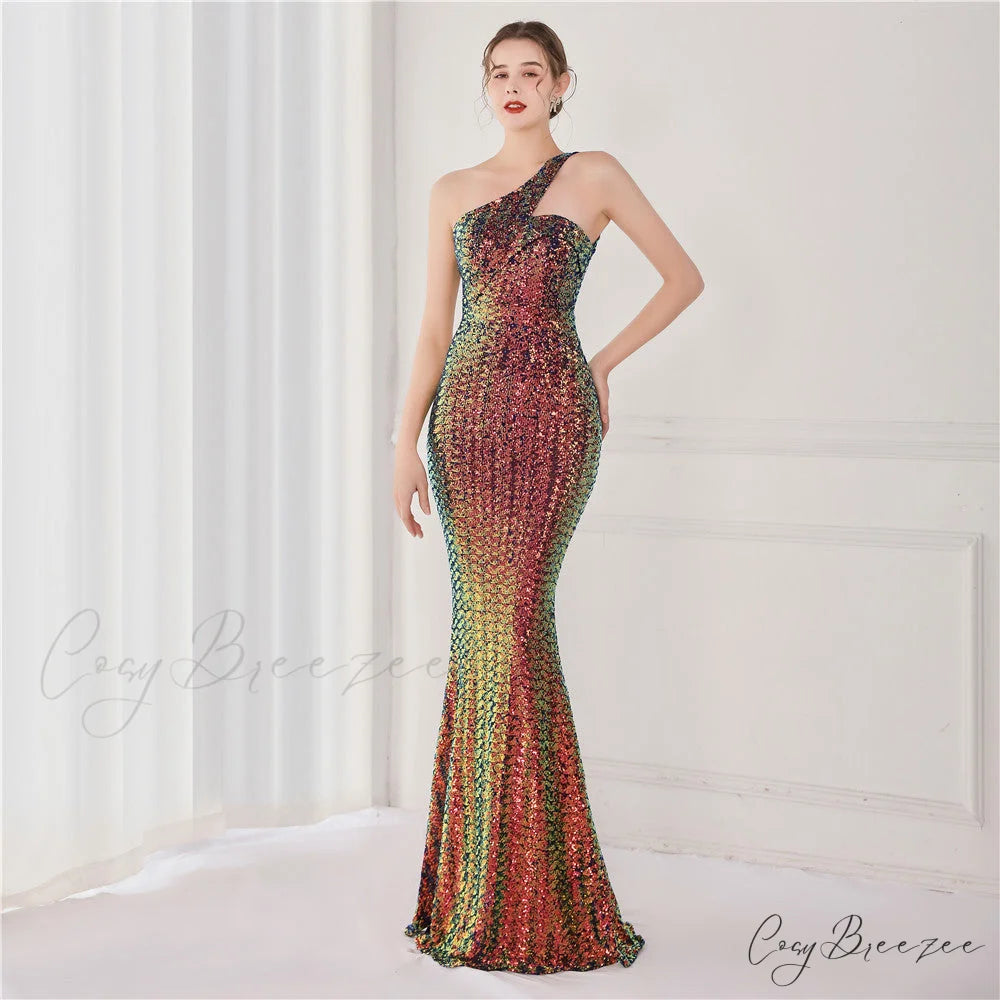 Victoria Formal One-Shoulder Charming Sequined Fishtail Dress BLUE / XS