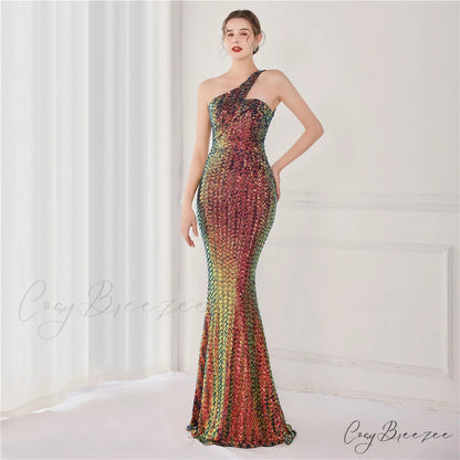 Victoria Formal One-Shoulder Charming Sequined Fishtail Dress BLUE / XS