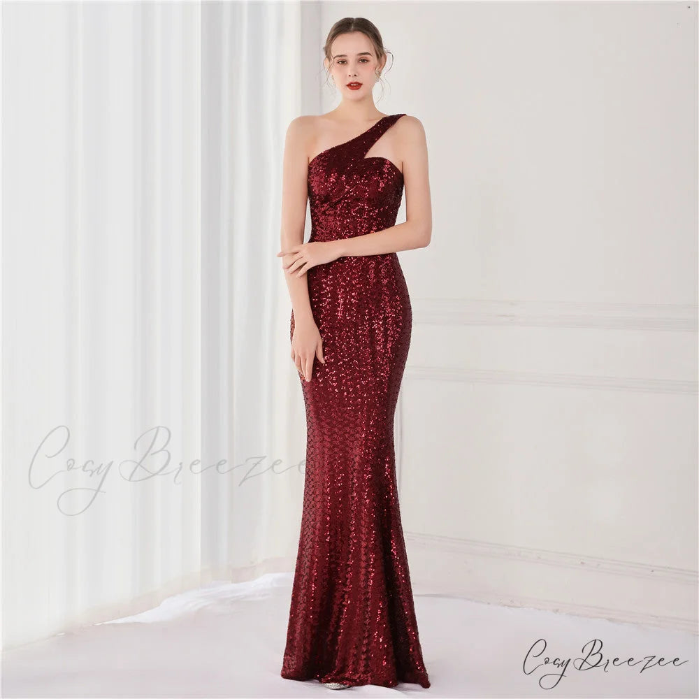 Victoria Formal One-Shoulder Charming Sequined Fishtail Dress BURGUNDY / XS