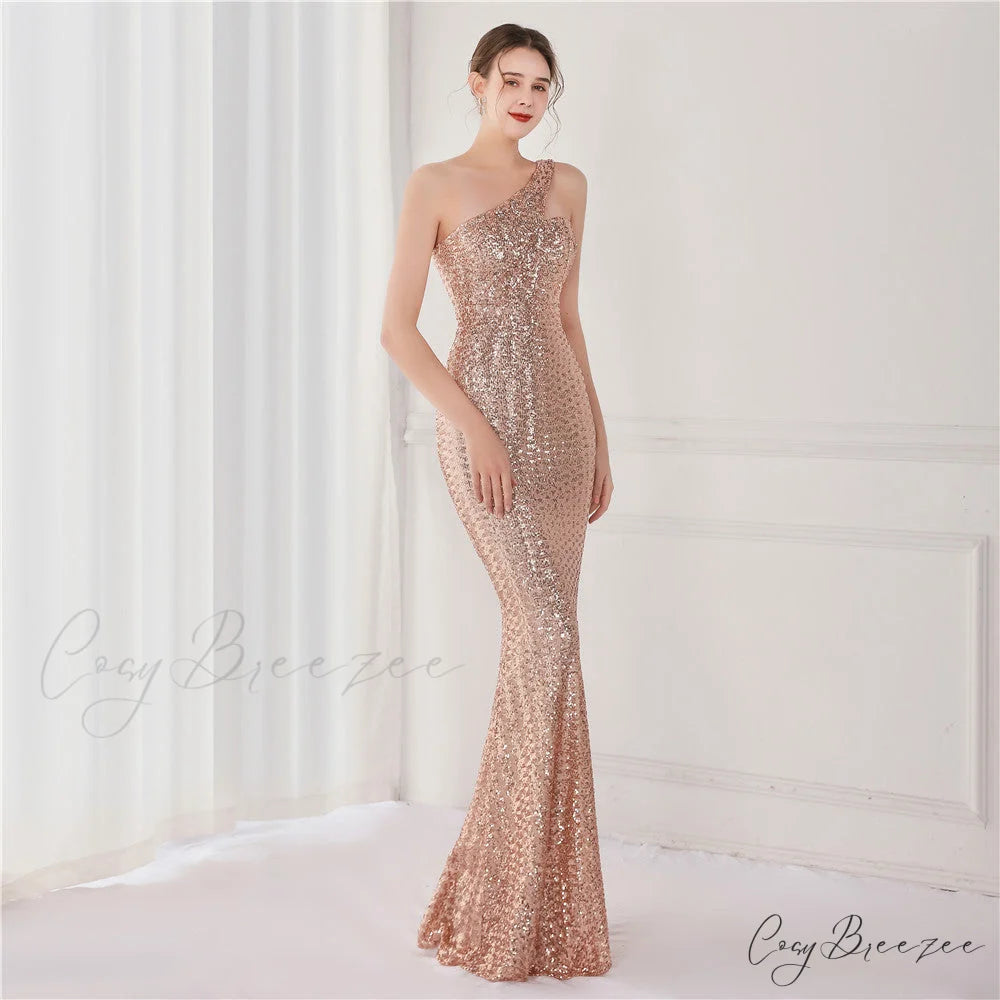 Victoria Formal One-Shoulder Charming Sequined Fishtail Dress GOLD / XS