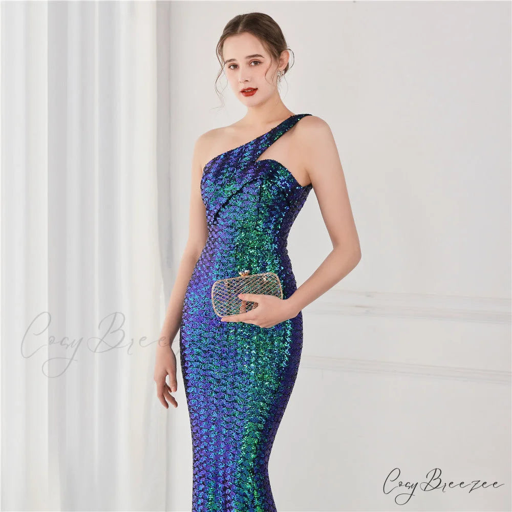 Victoria Formal One-Shoulder Charming Sequined Fishtail Dress NAVY / XS