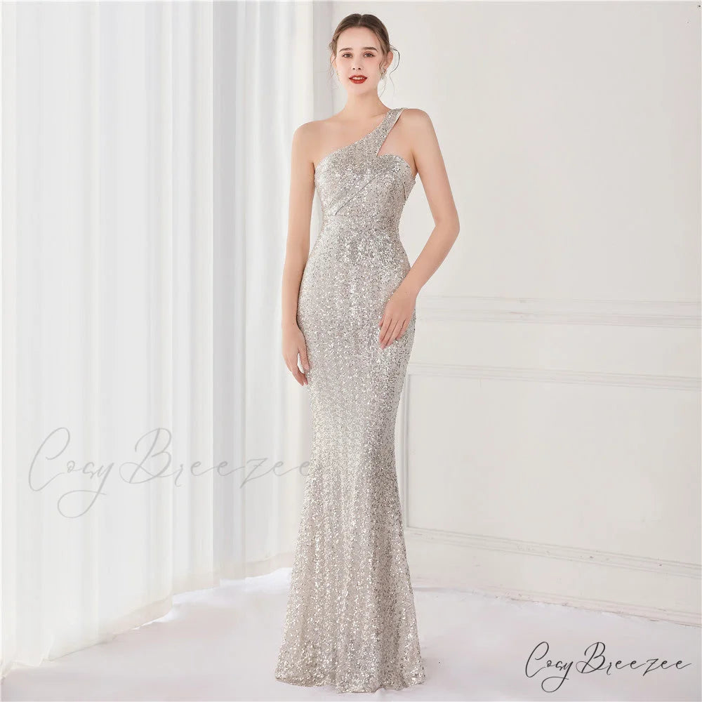Victoria Formal One-Shoulder Charming Sequined Fishtail Dress SILVER / XS