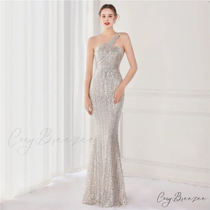 Victoria Formal One-Shoulder Charming Sequined Fishtail Dress SILVER / XS