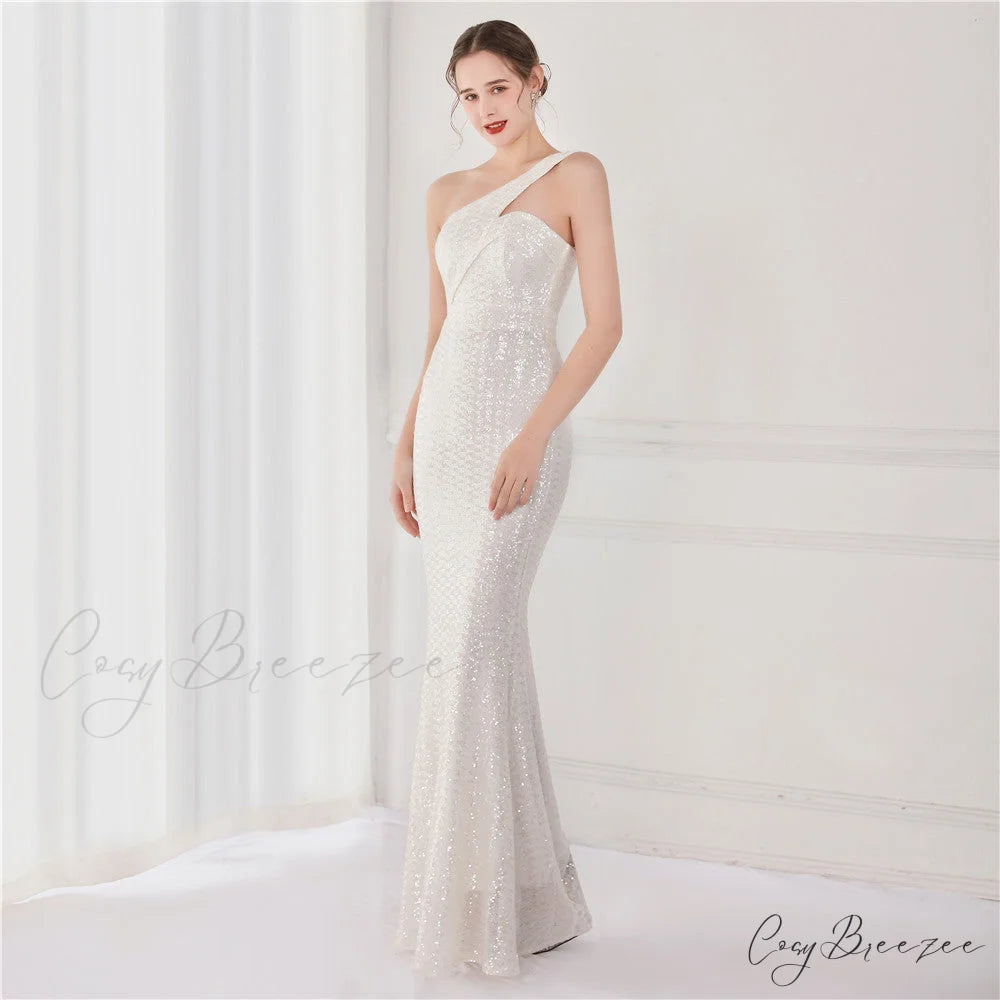 Victoria Formal One-Shoulder Charming Sequined Fishtail Dress WHITE / XS