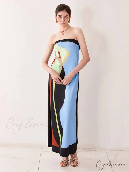 Vintage Abstract Floral Strapless Backless Loose Tube Top Dress BLUE / S floraldress-250126